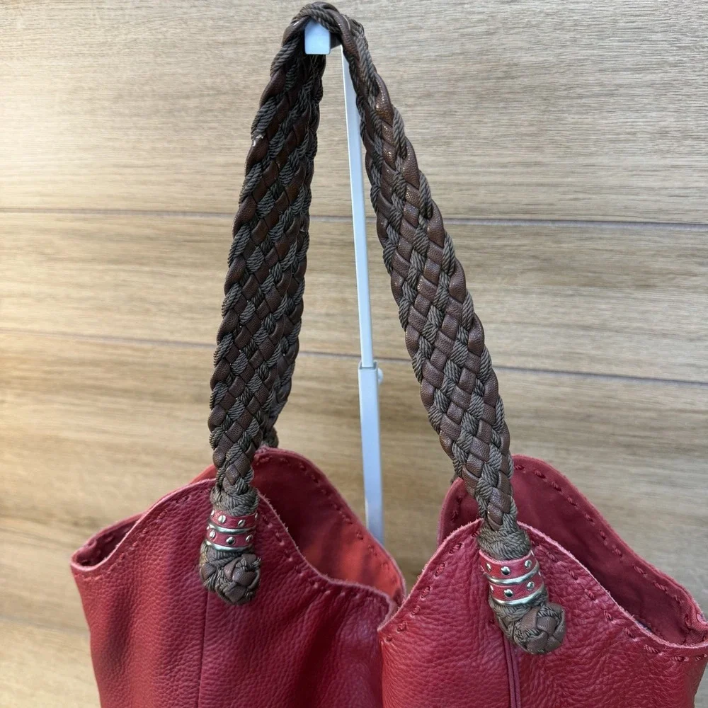 The Sak Womens Indio Hobo Handbag Red Leather Boho Braided Shoulder Tote Bag